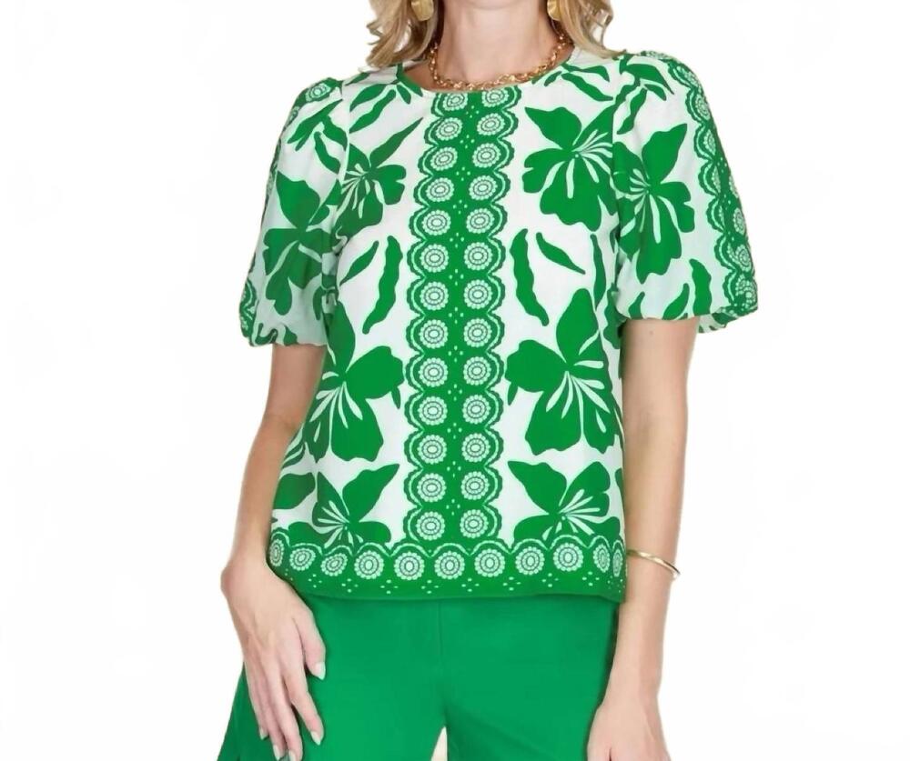 NEW JADE emerald moment puff sleeve top in green and white